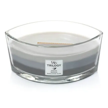 Offene WoodWick Trilogy Kerze im Glas mit sichtbarem Docht