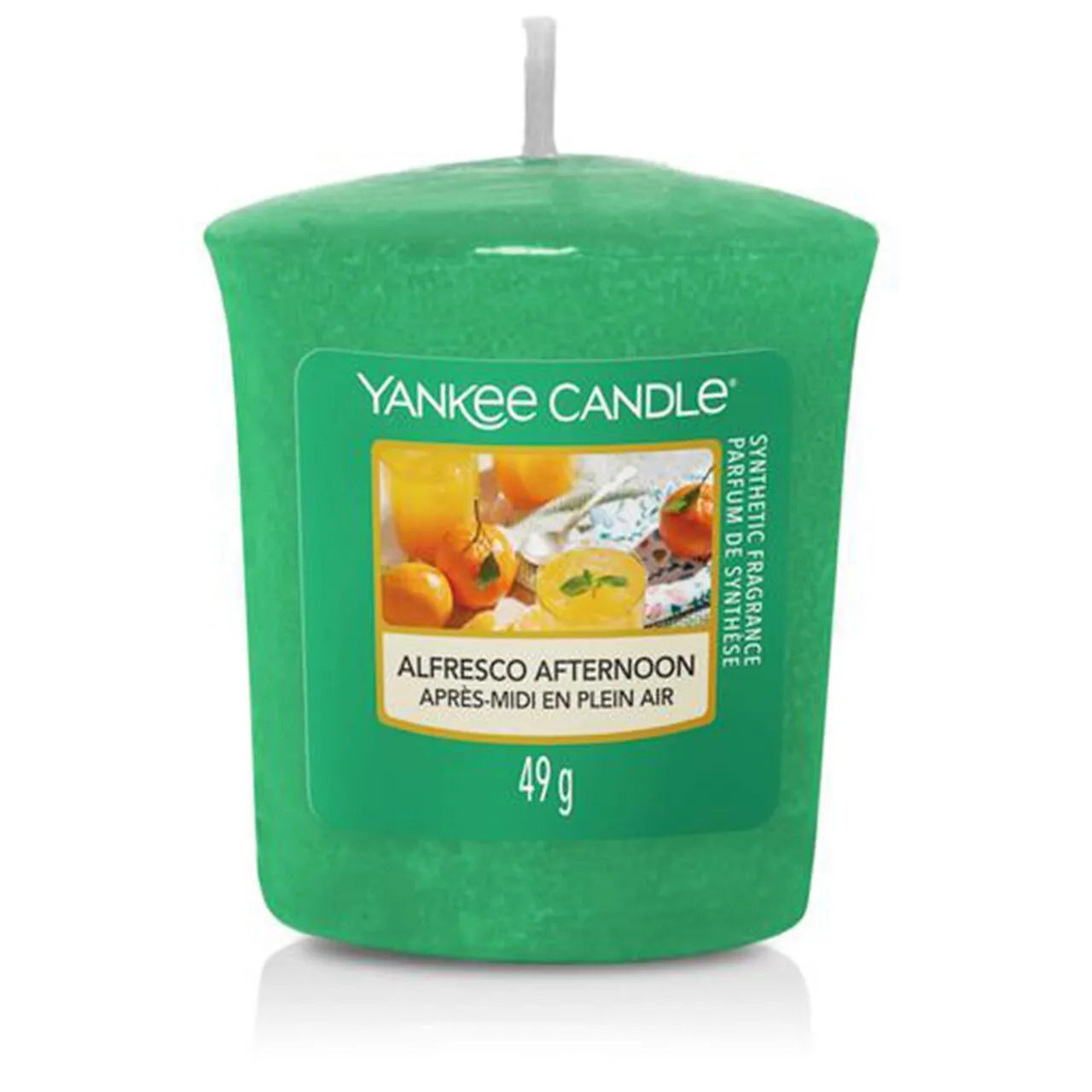 Yankee Candle Alfresco Afternoon Duftkerze Frontansicht der grünen Yankee Candle Duftkerze Alfresco Afternoon mit Etikett