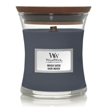 Indigo Suede Kerze im Glas mit aufgelegtem Holzdeckel