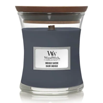 Indigo Suede Kerze im Glas mit aufgelegtem Holzdeckel