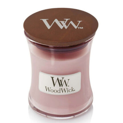 WoodWick Kerze im Glas mit braunem Holzdeckel und Markenetikett