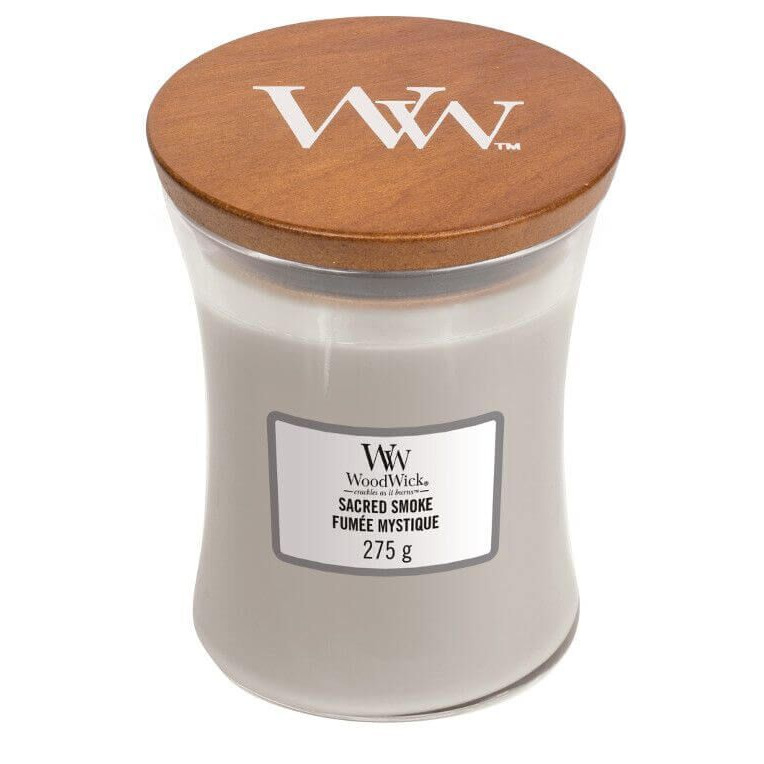 Sacred Smoke 275 g WoodWick Sacred Smoke Kerze mit lesbarem Etikett und 275 g