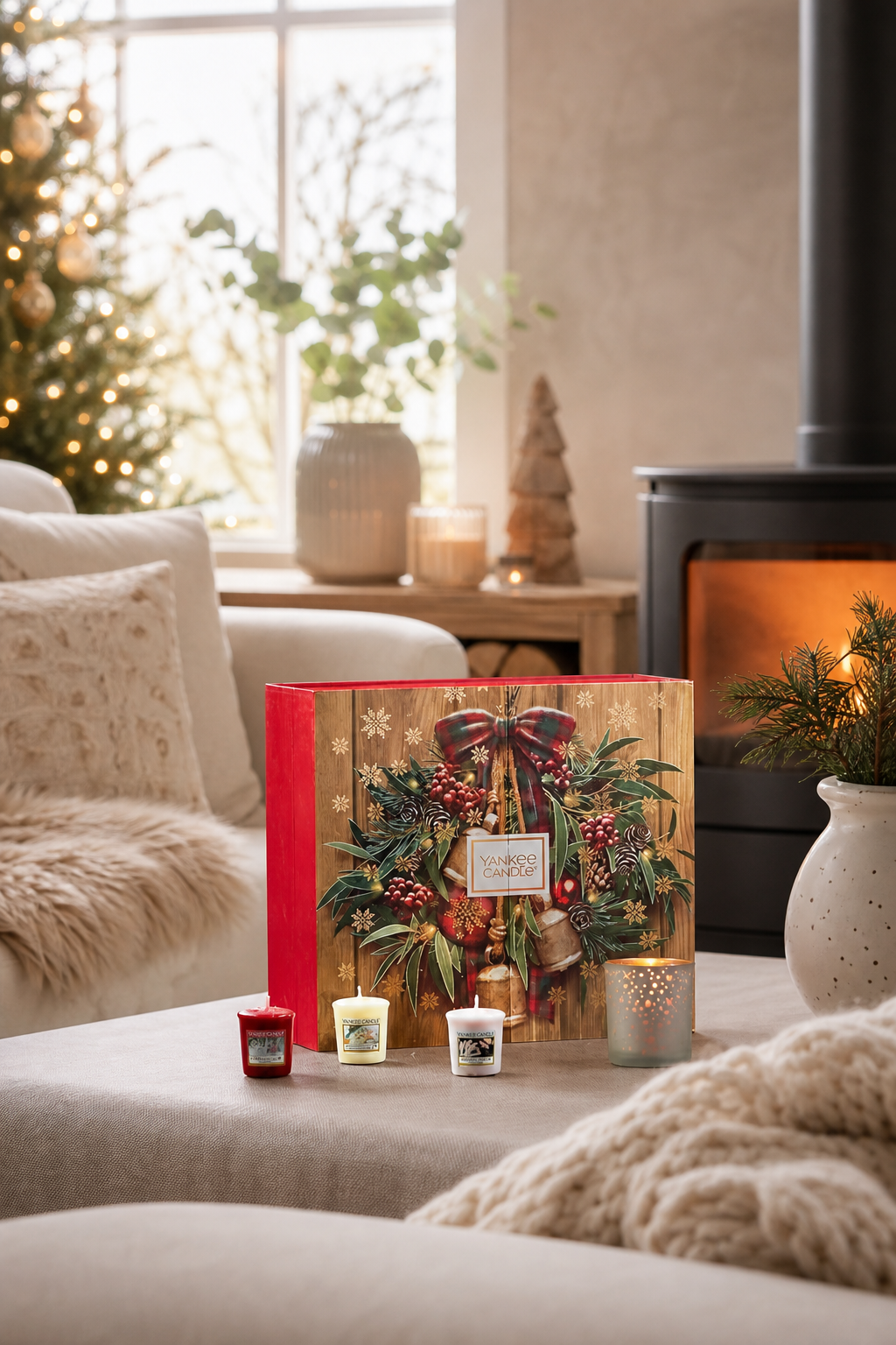 Yankee Candle Adventskalender mit drei kleinen Kerzen auf einem Tisch
