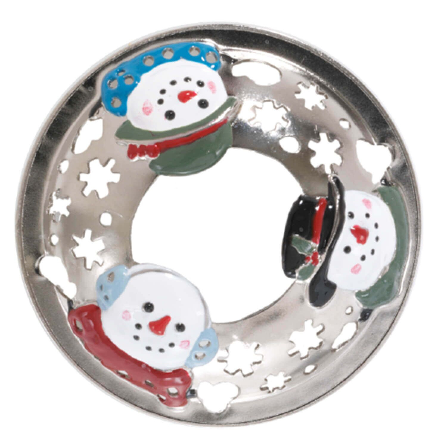 Detail des Snowman Illuma-Lid Nahaufnahme des runden Illuma-Lid mit drei Schneemannfiguren