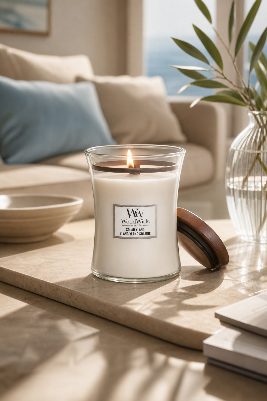 Brennende WoodWick Solar Ylang Kerze auf einem Wohnzimmertisch