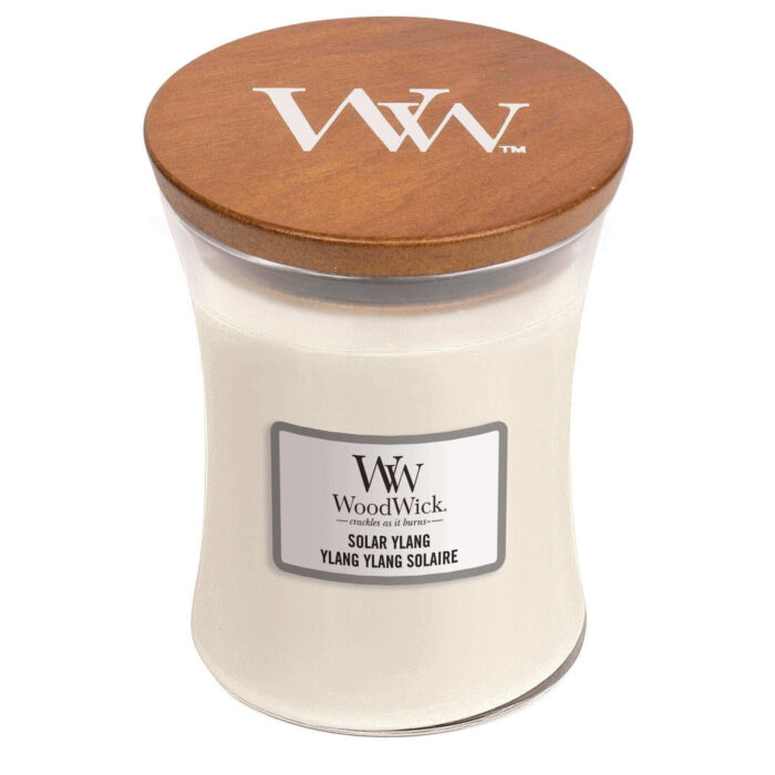 WoodWick Solar Ylang Kerze mit geschlossenem braunem Holzdeckel