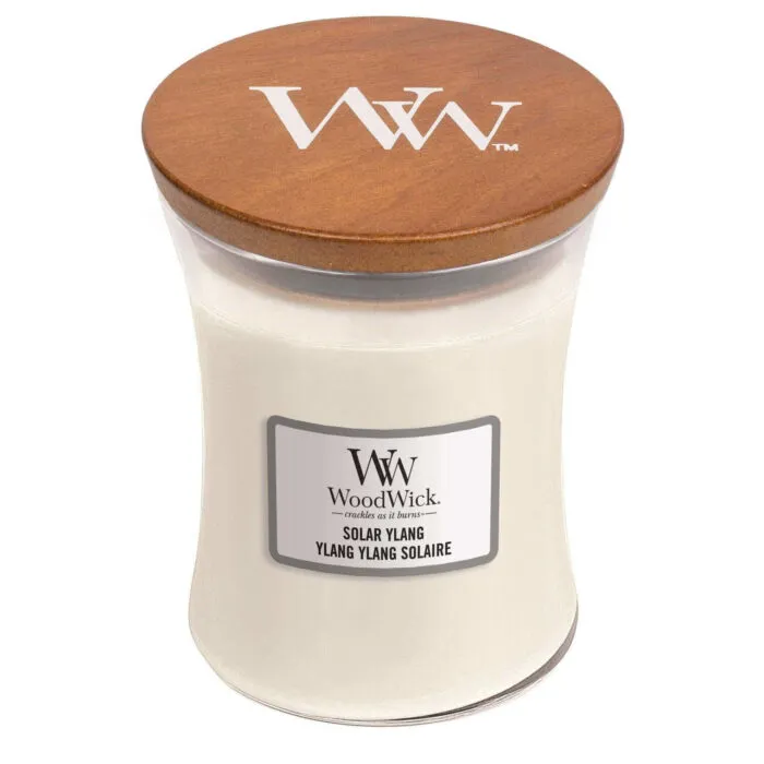 WoodWick Solar Ylang Kerze mit geschlossenem braunem Holzdeckel