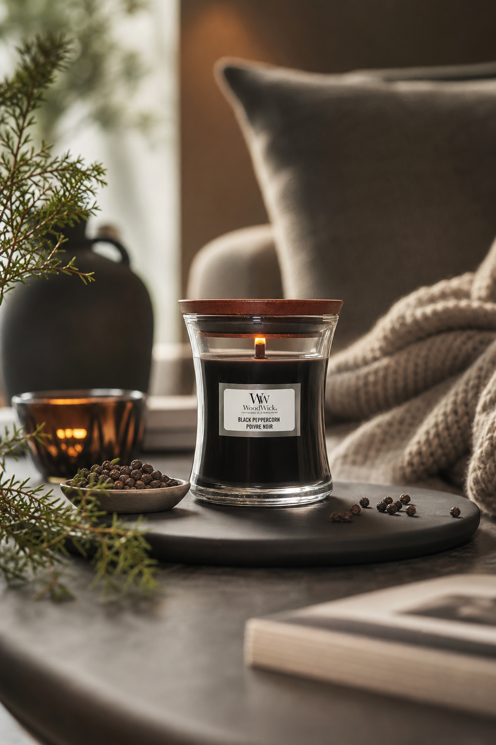 Angezündete WoodWick Black Peppercorn Kerze auf einem Tablett neben Pfefferkörnern