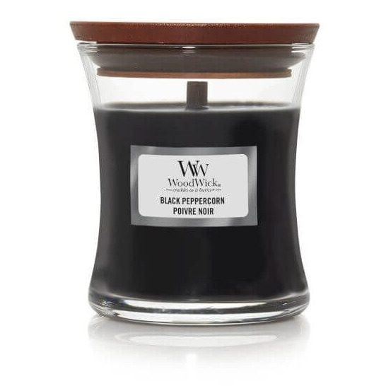 WoodWick Black Peppercorn Kerze WoodWick Black Peppercorn Kerze im Glas mit braunem Deckel auf weißem Hintergrund