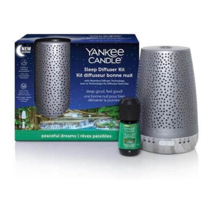 Silberner Sleep Diffuser, Duftfläschchen und Yankee-Candle-Verpackung