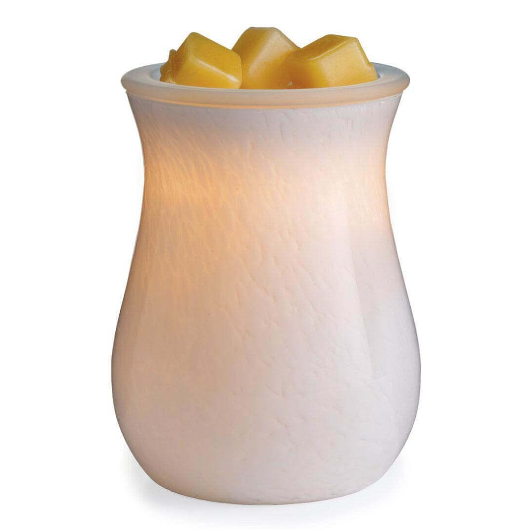 Moonstone Duftlampe frontal Weiße Duftlampe mit gelben Wachswürfeln in frontaler Ansicht