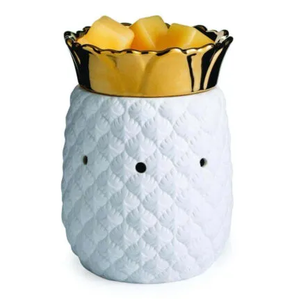 Weiße Ananas-Duftlampe von hinten mit drei dunklen Öffnungen