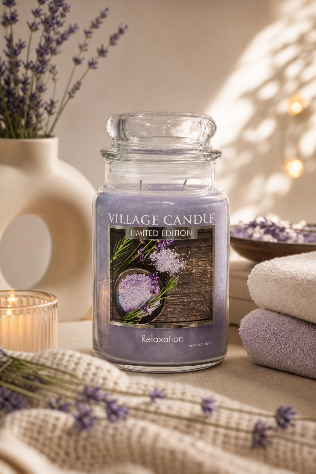 Village Candle Relaxation Kerze im Glas neben Handtüchern und Lavendel