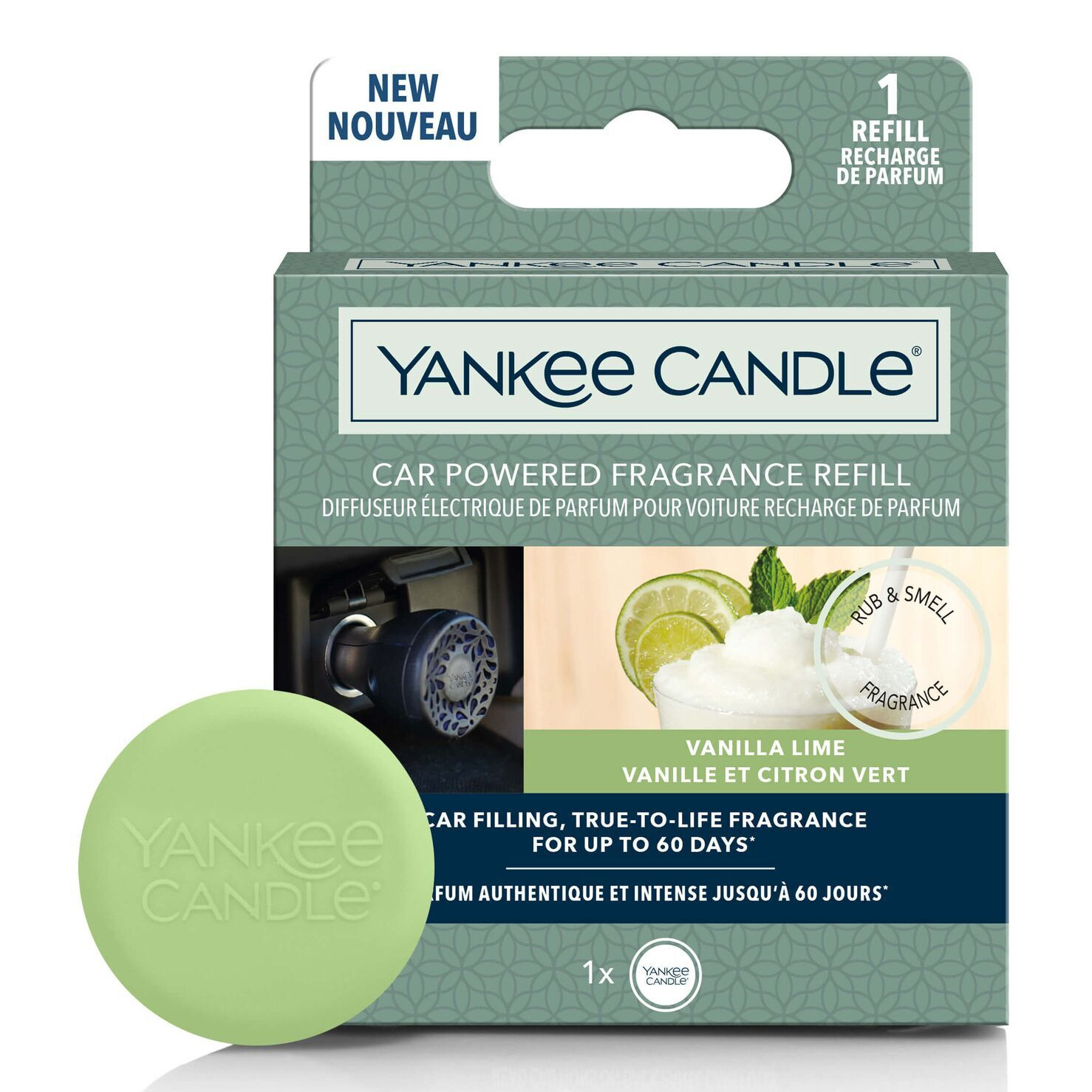 Vanilla Lime Autodiffusor-Nachfüllpack Verpackung eines Yankee Candle Car Powered Fragrance Refills mit Vanilla Lime Duft