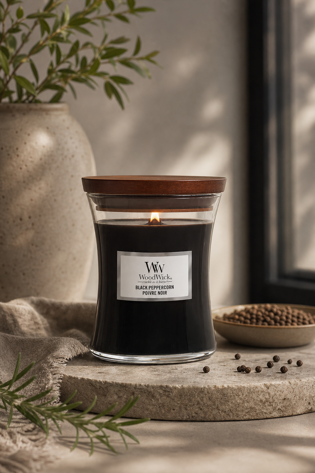 Brennende WoodWick Black Peppercorn Kerze auf einem Tisch