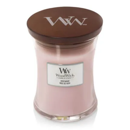 Rosa WoodWick Rosewood Kerze im Glas mit geschlossenem braunem Deckel