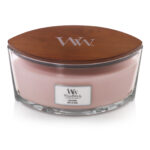 Nahaufnahme der WoodWick Rosewood Kerze mit Holzdeckel
