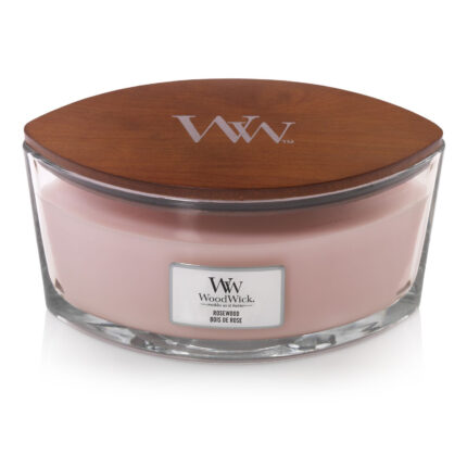 Nahaufnahme der WoodWick Rosewood Kerze mit Holzdeckel