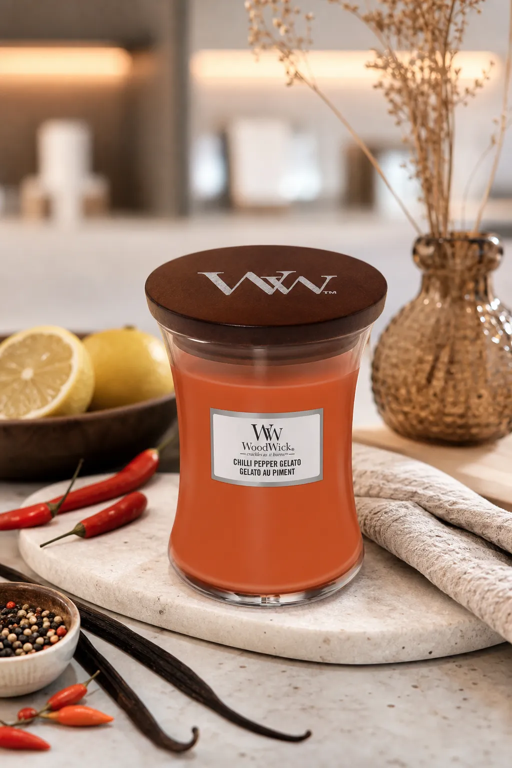 WoodWick Chilli Pepper Gelato Kerze auf Küchenarbeitsplatte mit Chilischoten und Zitronen