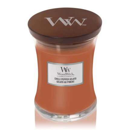 Frontansicht der WoodWick Chilli Pepper Gelato Kerze im Glas