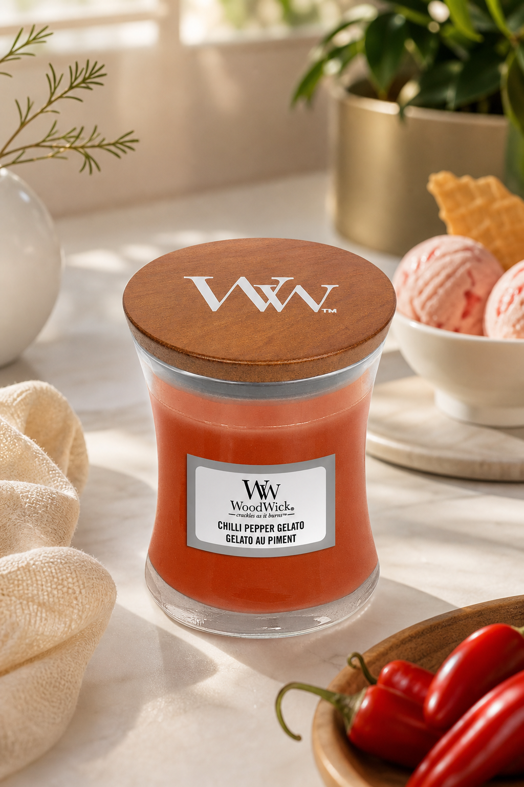 WoodWick Chilli Pepper Gelato Kerze im Glas auf einem Tisch neben Chilischoten