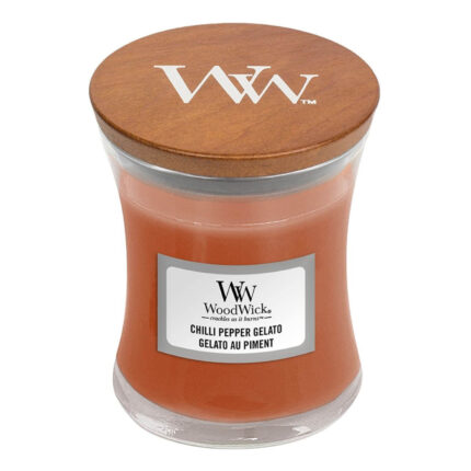 WoodWick Chilli Pepper Gelato Kerze mit sichtbarem Etikett und Holzdeckel