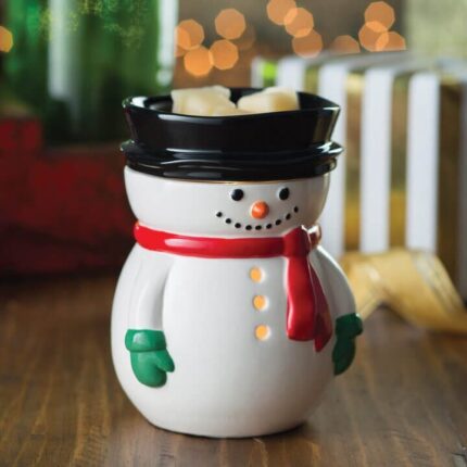 Nahaufnahme der Frosty Duftlampe mit Schneemannsgesicht, Schal und schwarzer Schale