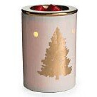 Duftlampe mit Tannenbaum-Motiv und sichtbaren Wachswürfeln in der Schale