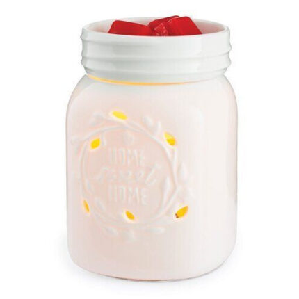 Weiße Mason-Jar-Duftlampe mit rotem Wachs und leuchtenden Öffnungen