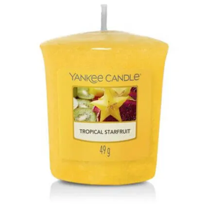 Gelbe Yankee Candle Tropical Starfruit Kerze mit Fruchtmotiv auf dem Etikett