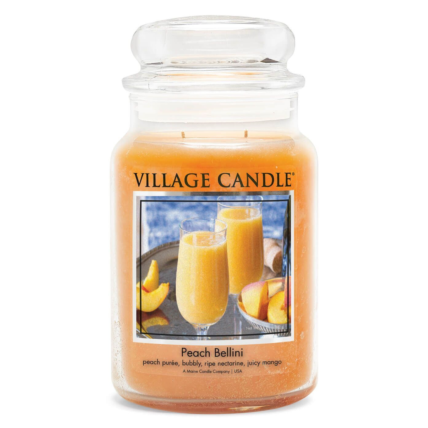 Peach Bellini Kerze von Village Candle Village Candle Peach Bellini Kerze mit sichtbarem Etikett