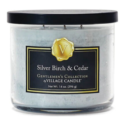 Silver Birch & Cedar Kerze von Village Candle auf weißem Hintergrund