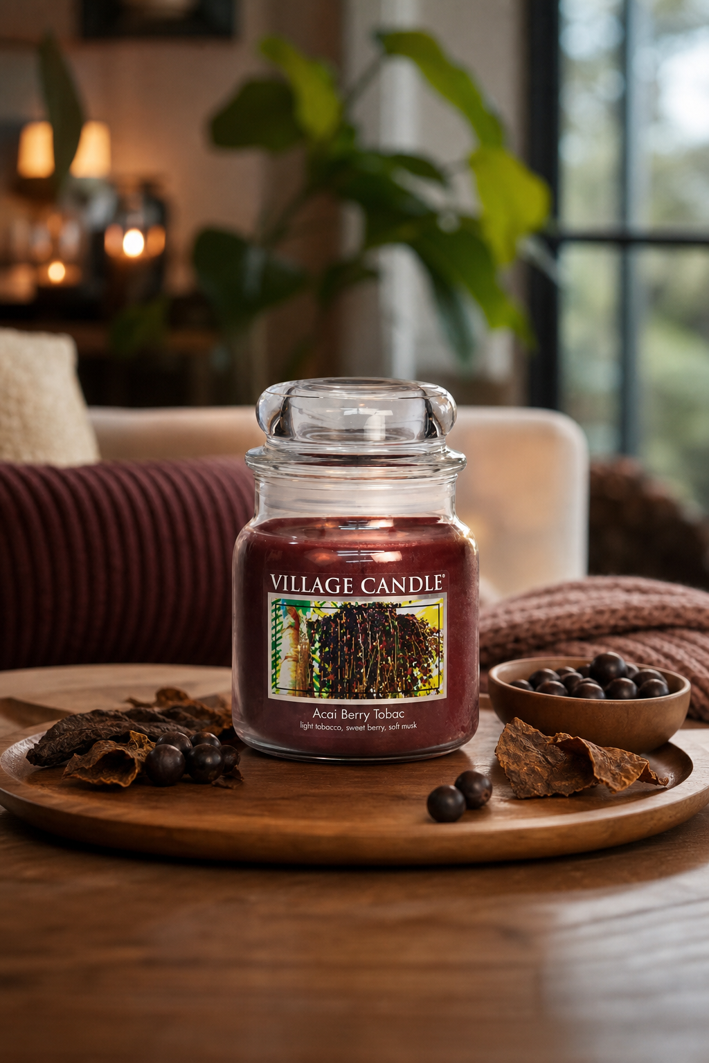 Village Candle Acai Berry Tobac Kerze auf Holztablett im Wohnzimmer