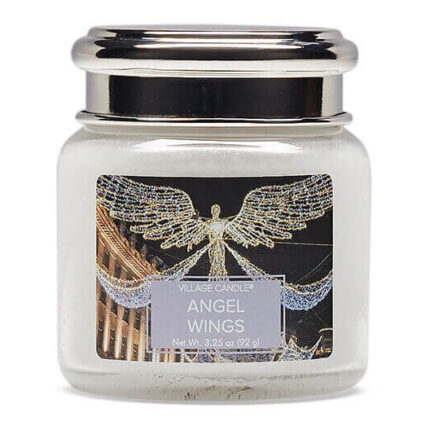 Angel Wings Kerze im Glas mit silberfarbenem Deckel auf weißem Hintergrund