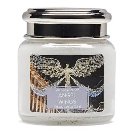 Angel Wings Kerze im Glas mit silberfarbenem Deckel auf weißem Hintergrund