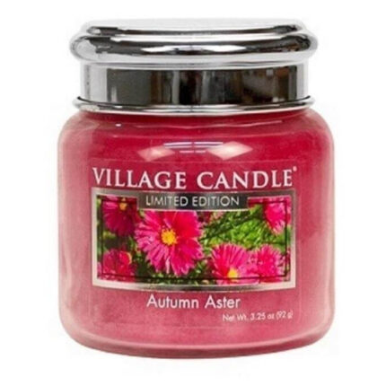 Rotes Village Candle Glas mit silbernem Deckel und Blumenetikett