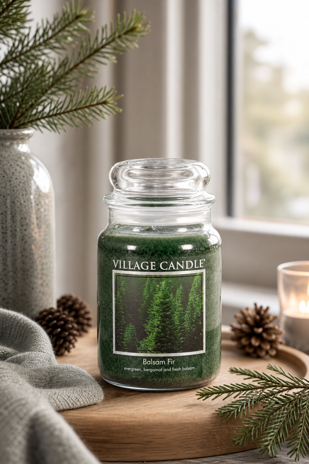Balsam Fir Kerze im Glas steht auf einem Holztisch neben Tannenzweigen