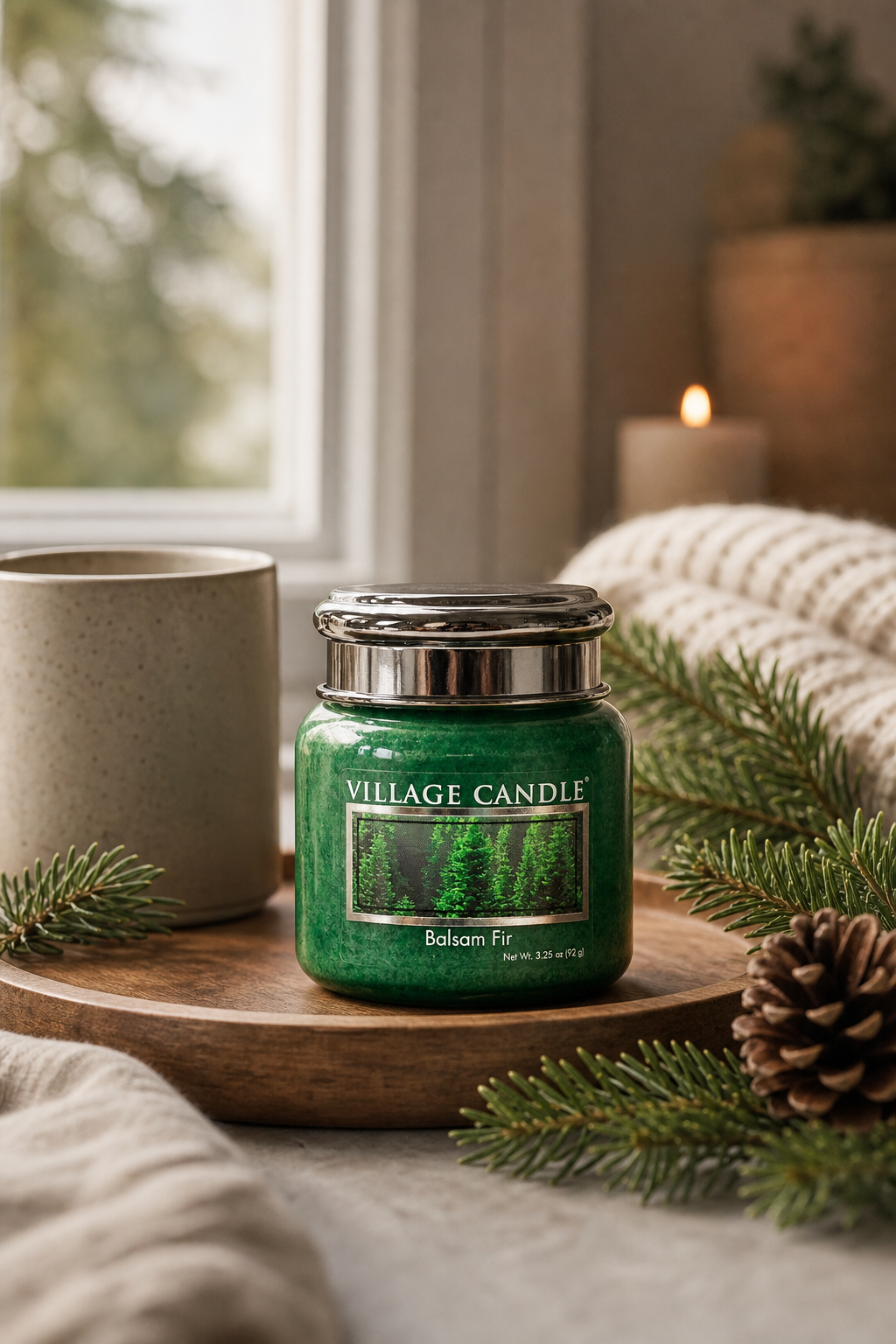 Village Candle Balsam Fir Kerze auf Holztisch mit Tannenzweigen und Zapfen