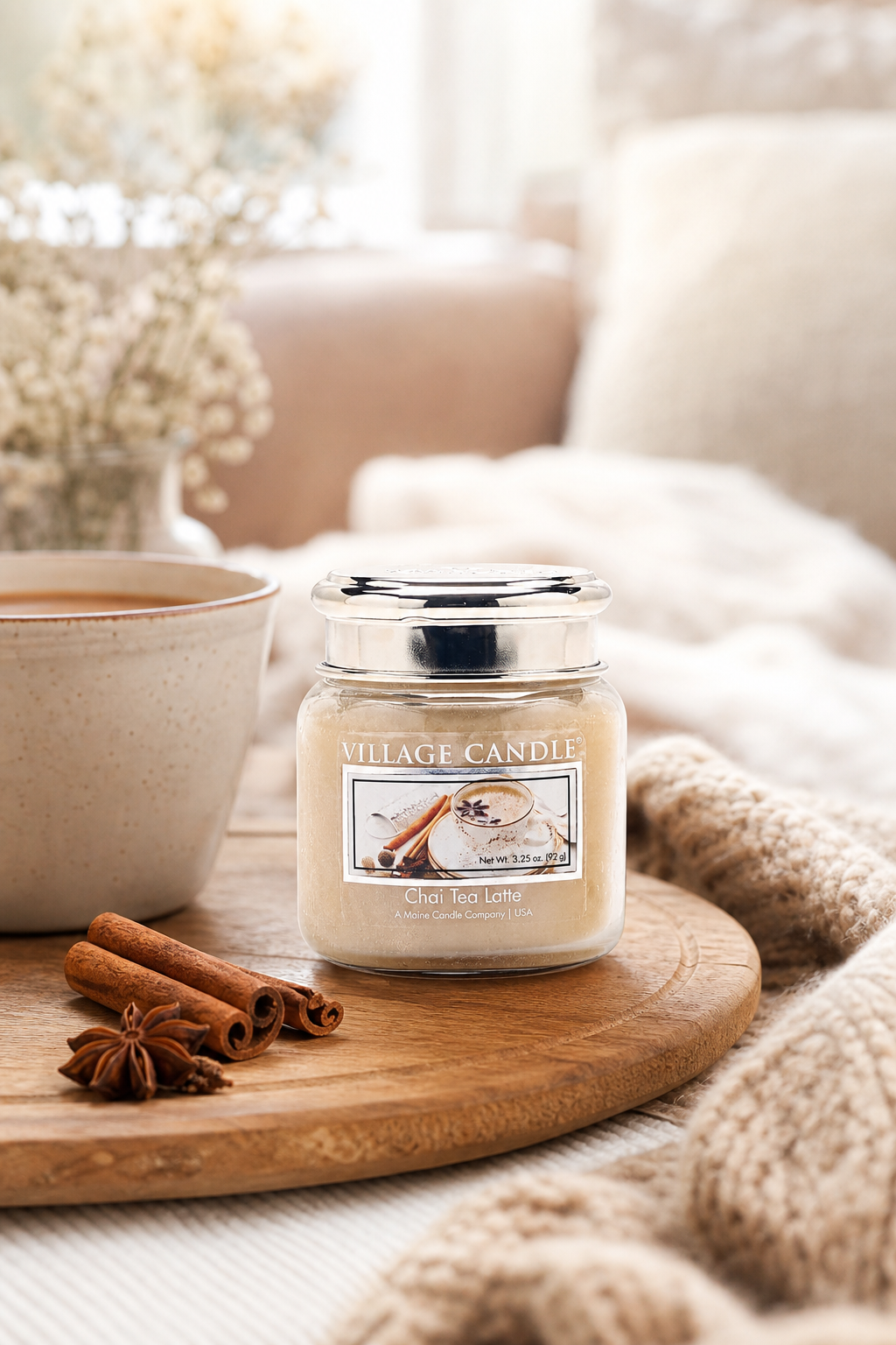 Chai Tea Latte Kerze von Village Candle auf einem Holztablett im Wohnambiente