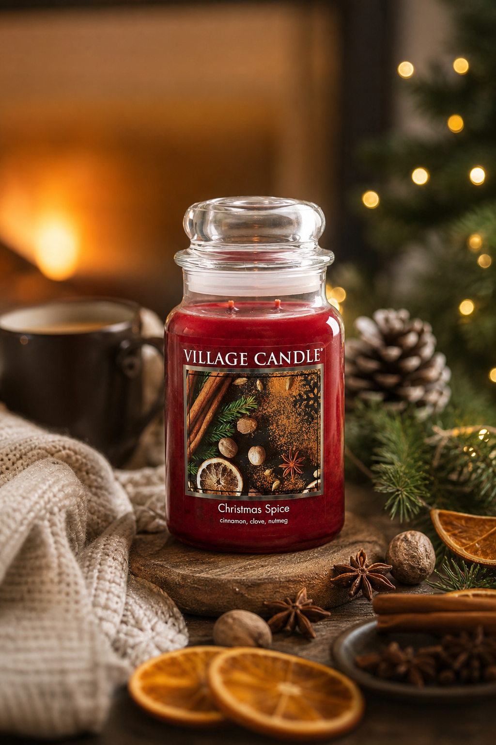 Brennende Village Candle Christmas Spice auf einem Tisch neben Weihnachtsdekoration