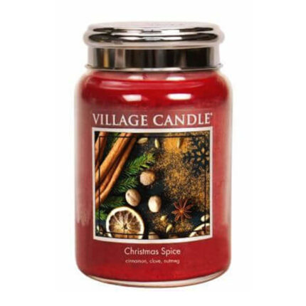 Rotes Village Candle Glas mit Metalldeckel und Christmas-Spice-Etikett