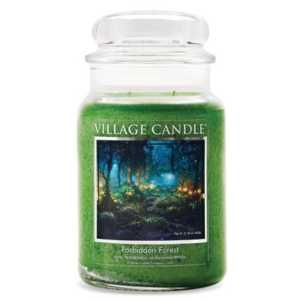 Grüne Village Candle Forbidden Forest mit Waldmotiv im Glas