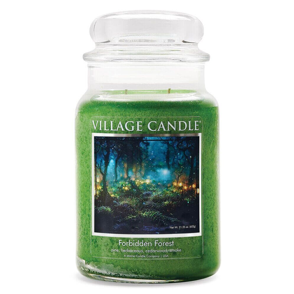 Forbidden Forest Duftkerze Grüne Village Candle Forbidden Forest mit Waldmotiv im Glas
