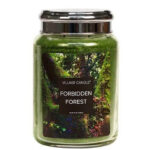 Brennende Forbidden Forest Kerze von Village Candle auf einem Tisch