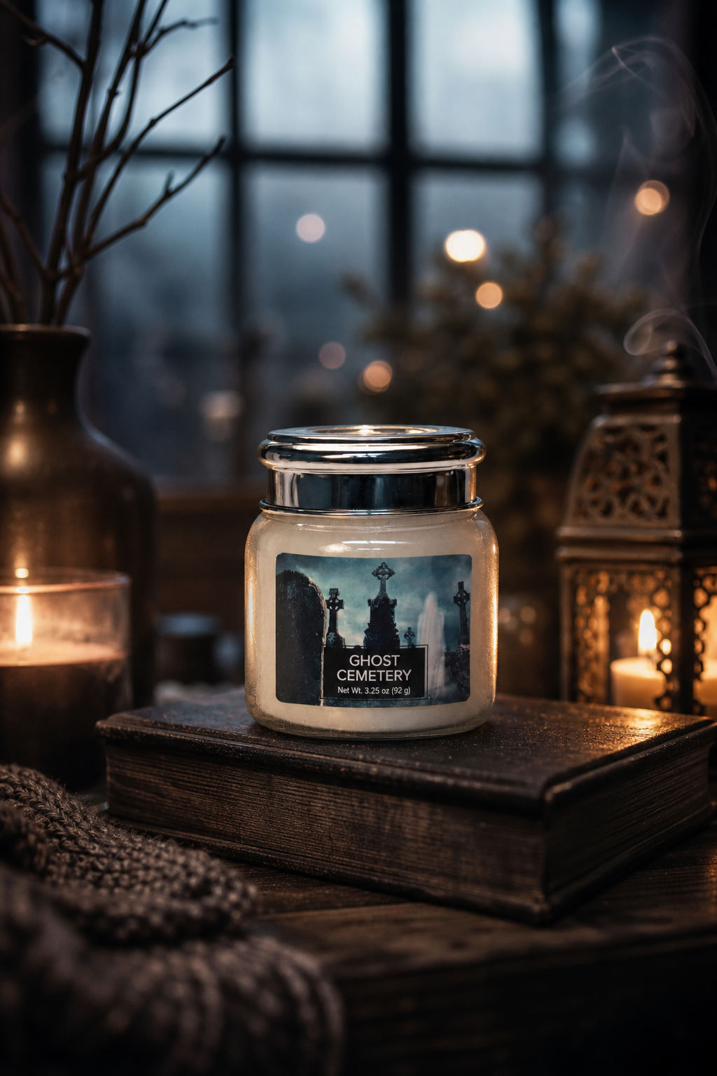 Ghost Cemetery Kerze auf einem Buch in stimmungsvoll beleuchtetem Innenraum