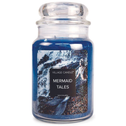 Frontansicht eines blauen Village Candle Glases mit Meerjungfrauen-Etikett