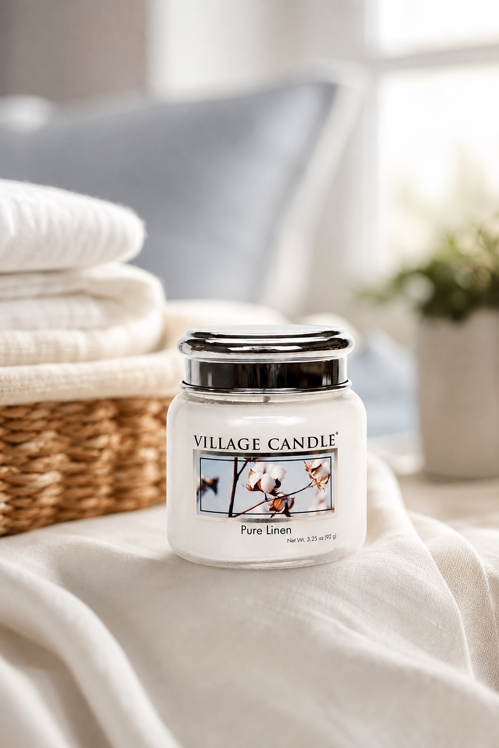 Pure Linen Kerze von Village Candle auf hellem Stoff neben gefalteten Handtüchern