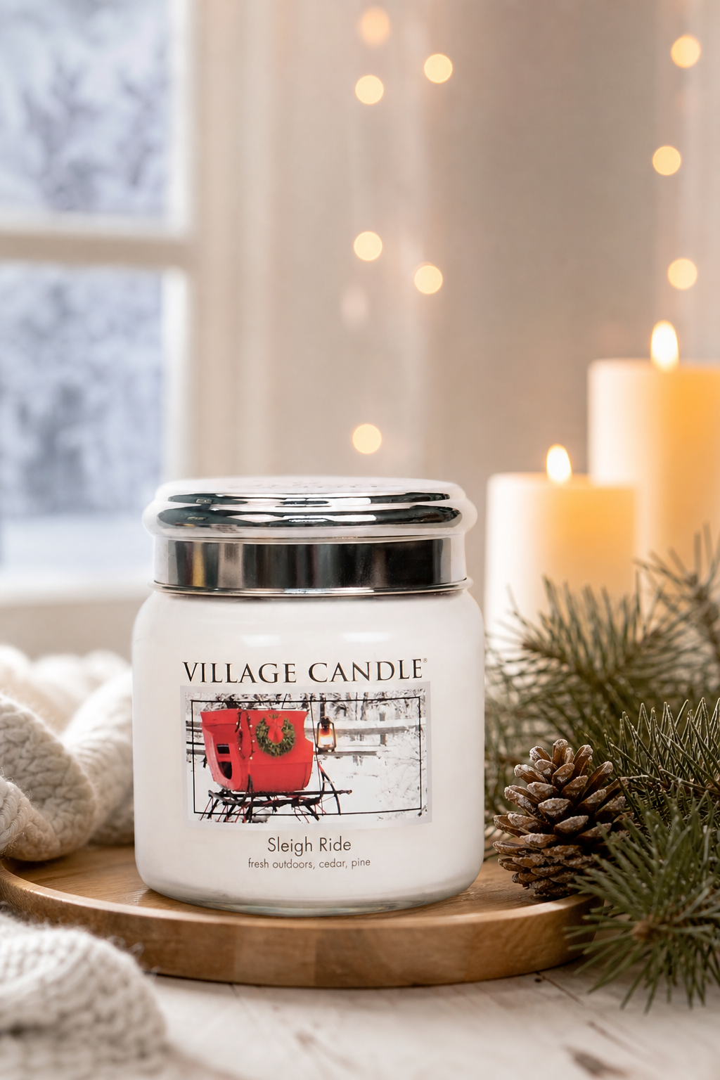 Village Candle Sleigh Ride Kerze auf Holztablett neben Tannenzweigen