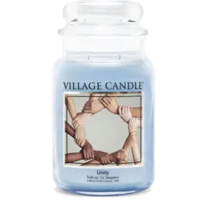 Unity Kerze von Village Candle im Glas mit Etikett und zwei Dochten