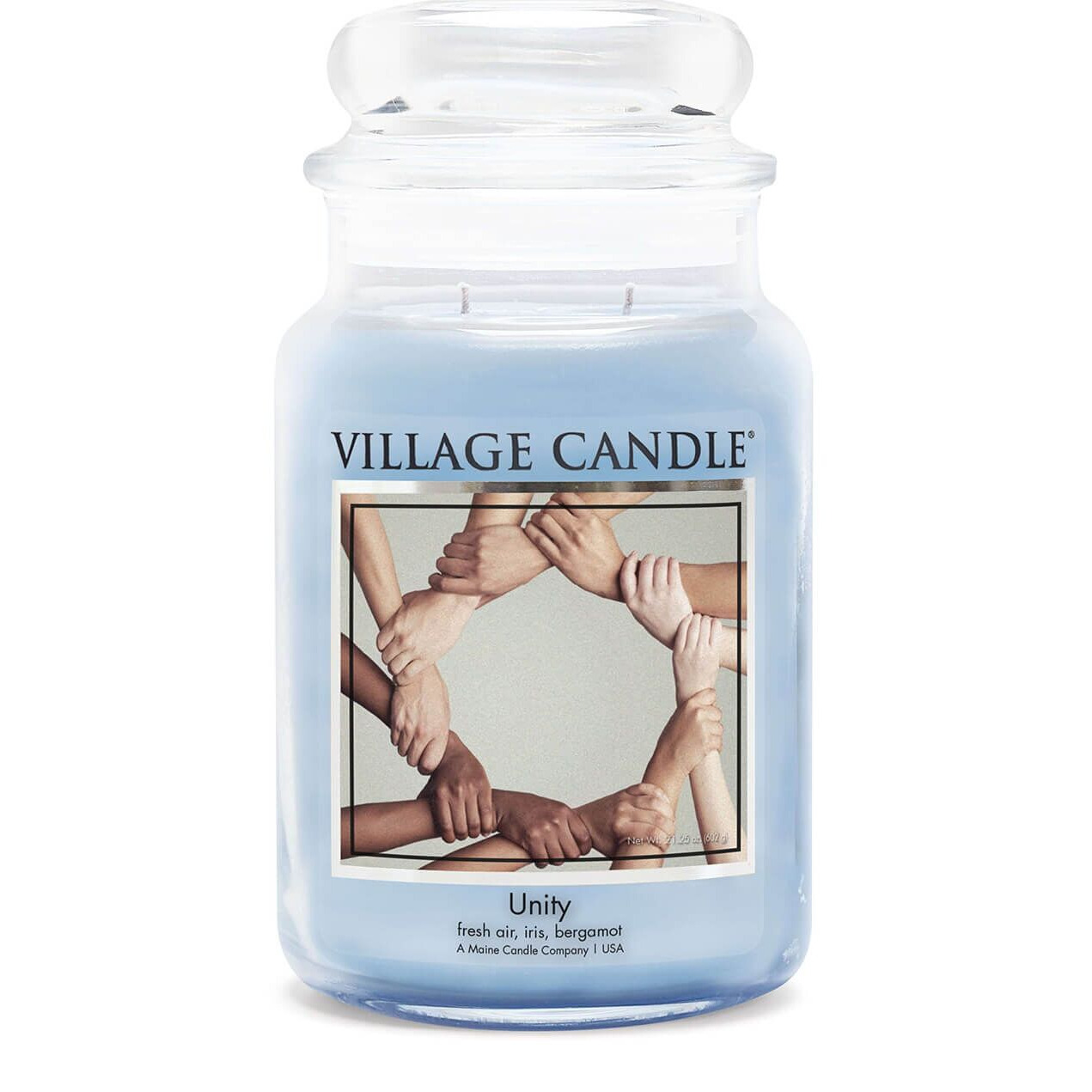 Unity Kerze mit Armkreis-Etikett Unity Kerze von Village Candle im Glas mit Etikett und zwei Dochten